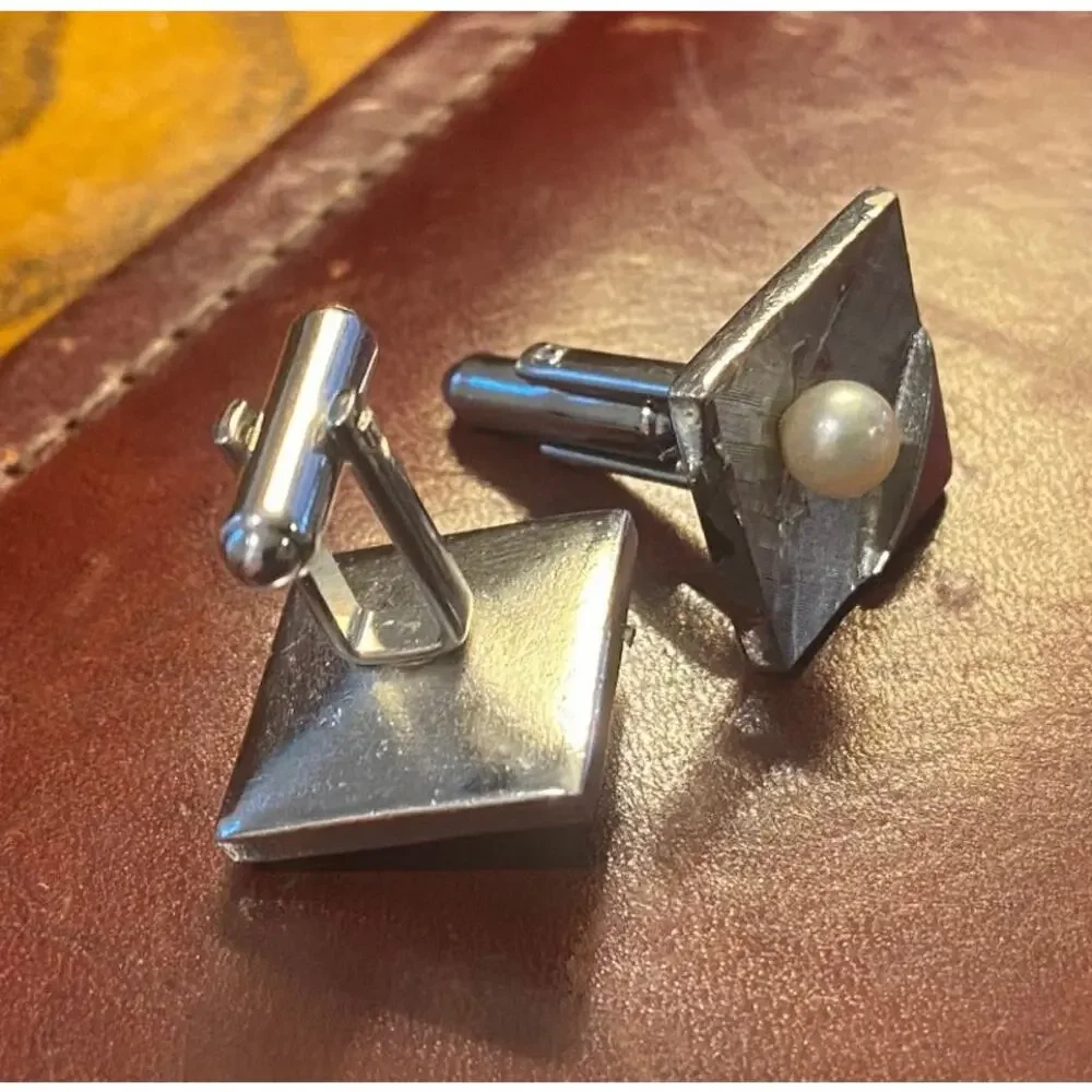 VTG Silver Tone and Faux Pearl Cufflinks
